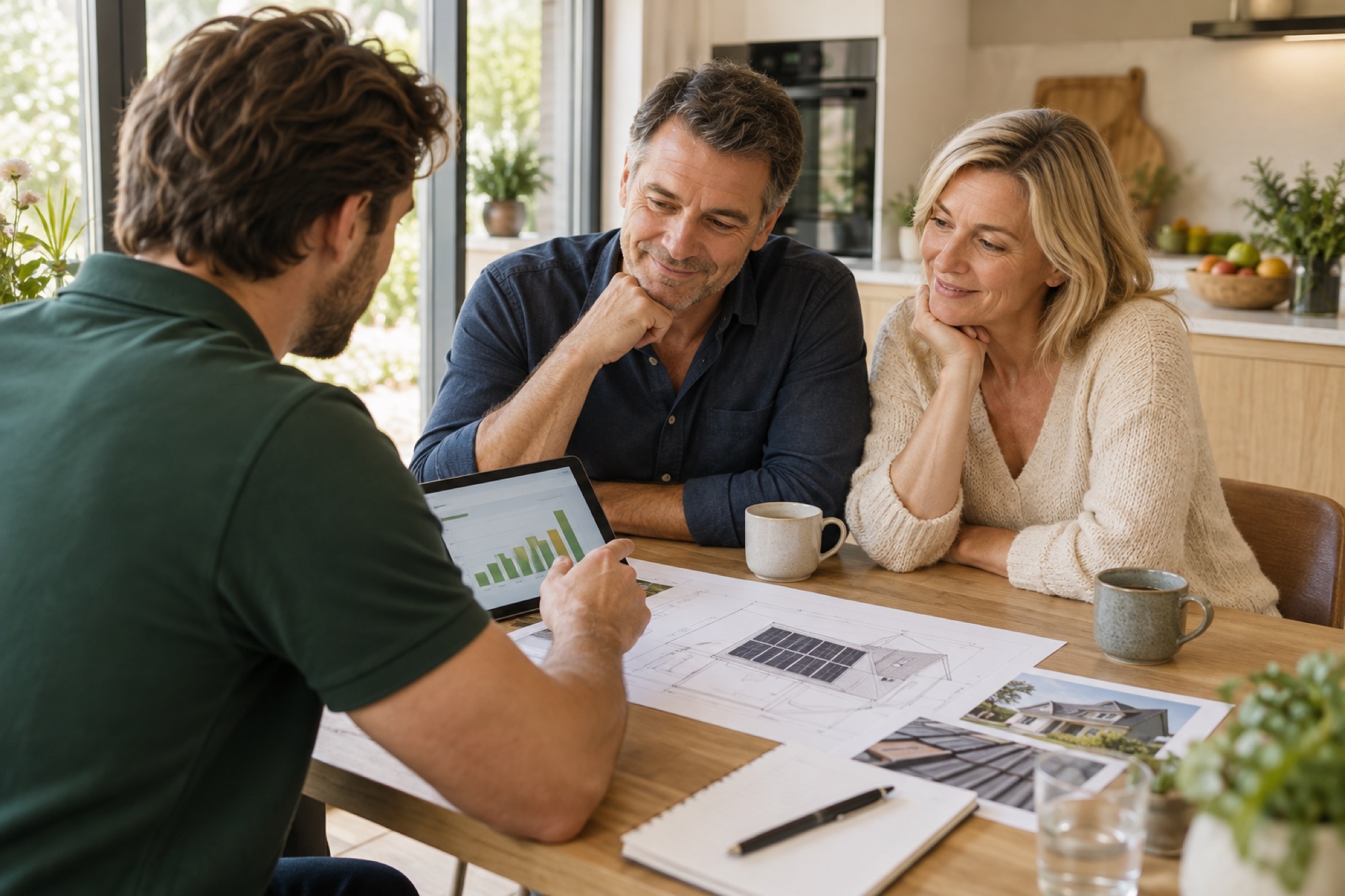 Energie-adviseur bespreekt een dakplan met een koppel aan de keukentafel