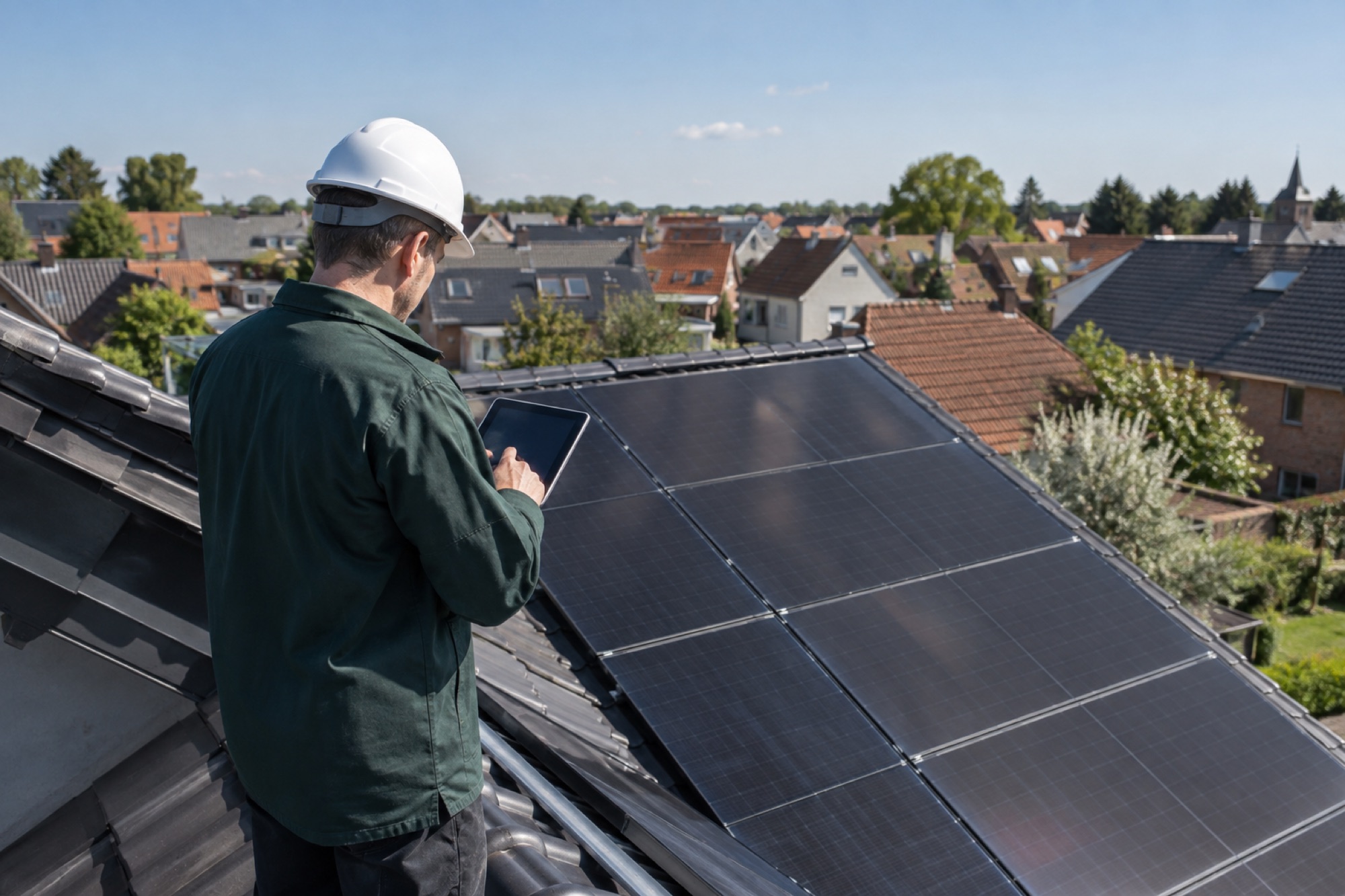 VBTEC-ingenieur controleert zonnepanelen met een tablet
