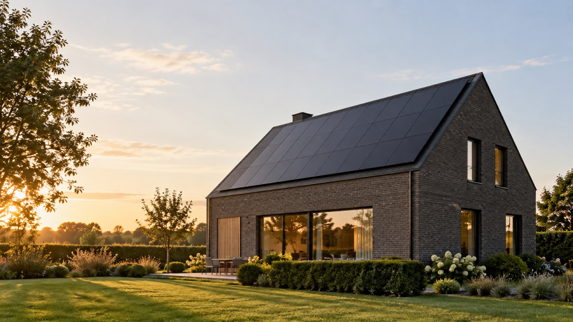 Moderne Vlaamse woning met full-black zonnepanelen bij zonsondergang
