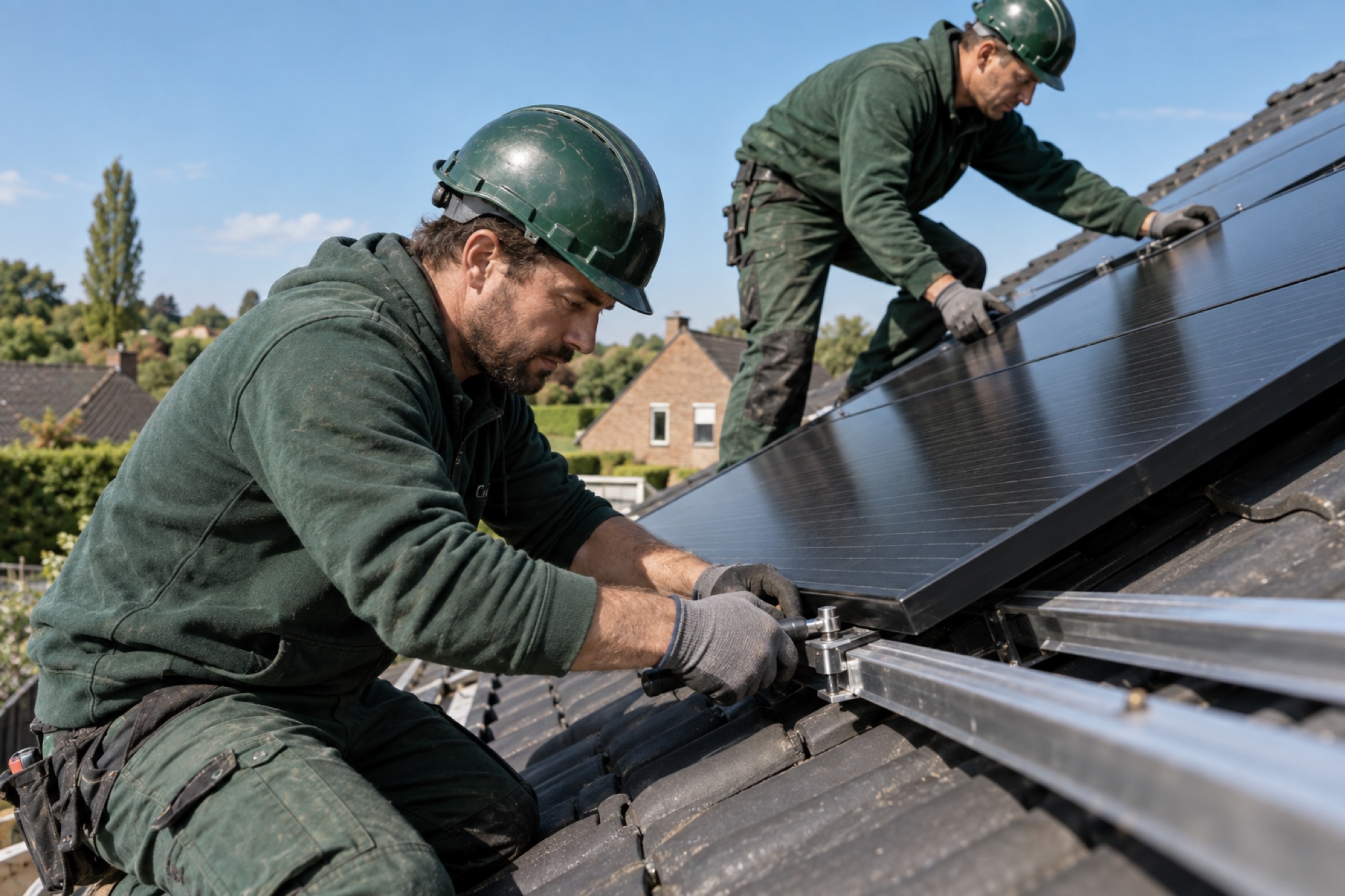 Twee VBTEC-installateurs monteren zonnepanelen op een pannendak